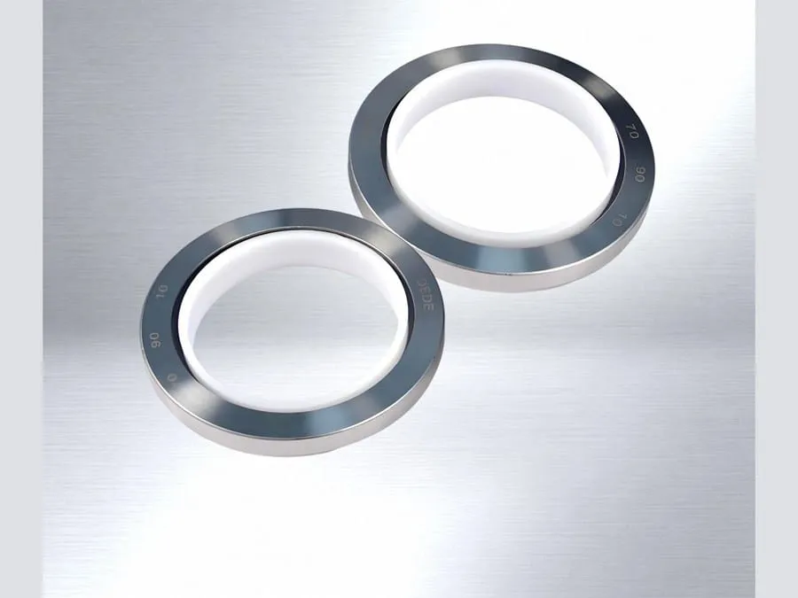 Phớt teflon PTFE: hai phớt teflon môi PTFE trắng đặt lệch nhau