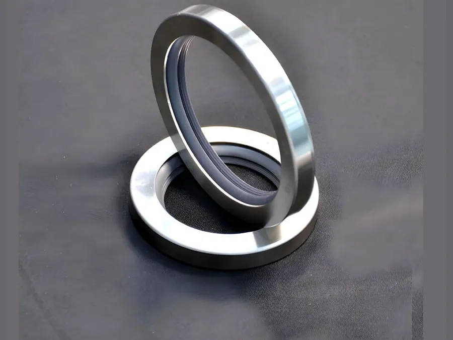 Phớt teflon PTFE: hai phớt teflon vỏ inox dựng chéo nhau trên mặt xám
