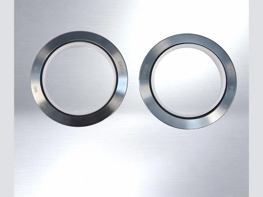 Phớt teflon PTFE: hai phớt teflon vỏ inox nhìn thẳng thấy môi PTFE