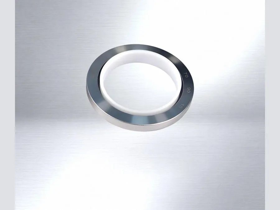 Phớt teflon PTFE: phớt teflon vỏ inox, môi PTFE trắng nhìn từ trên