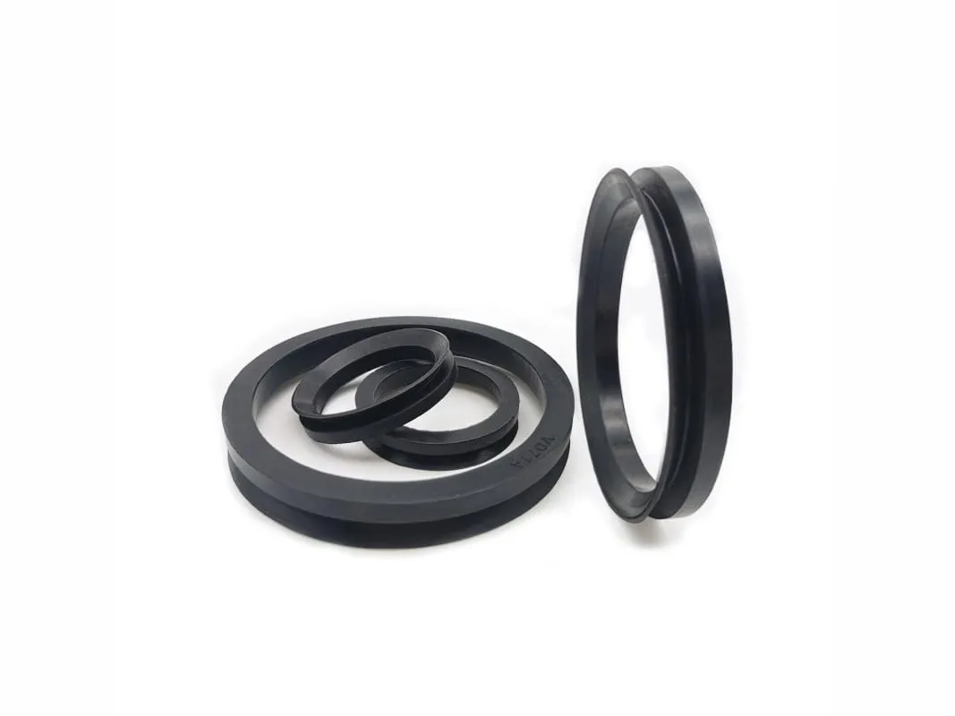 Phớt V-ring VA: phớt V-ring đen nhiều cỡ, một chiếc dựng đứng thấy biên dạng chữ V